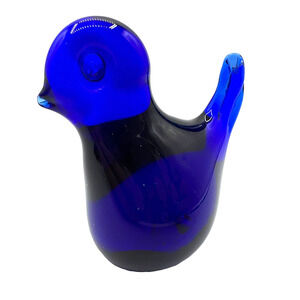 VTG BOSSE COBALT BLUE BIRD FIGURINE ART GLASS HAND BLOWN SWEDEN SIGNED MCM